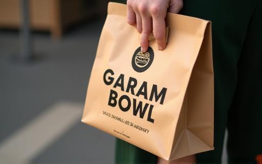 Hand holding a Garam Bowl takeaway bag